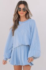 Sky Blue Corded Lantern Sleeve Top High Waist Ruffled Mini Skort Set - Image 4
