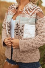 Light French Beige Aztec Quilted Patchwork Western Fashion Jacket - Image 8