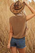 Light French Beige Contrast Trim Tie Front Sherpa Vest - Image 2