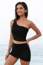 Black Pleated Mesh One Shoulder Bikini Top and Skirts Set - Image 4
