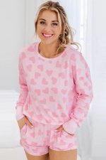 Pink Valentine Heart Shape Print Long Sleeve Top Shorts Lounge Set - Image 2