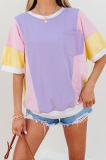 Purple Color Block Patchwork Half Sleeve Oversized T Shirt - Image 8