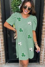 Mint Green Sequin Clover Graphic Puff Sleeve Corded T Shirt Dress - Image 4