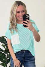 Light Blue Corded Knit Color Block Pocketed Crew Neck T Shirt - Image 4