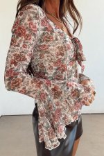 Red Floral Print Stitched Detail Tie V Neck Long Bell Sleeve Blouse - Image 2