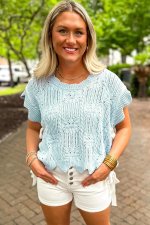 Beau Blue Pointelle Knit Patterned Scalloped Trim Short Sleeve Sweater - Image 6