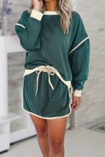 Evergreen Color Contrast Loose Pullover and Lace-up Waist Skort Set - Image 6