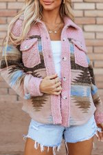 Pink Western Aztec Print Sherpa Splicing Buttoned Flap Pocket Coat - Image 6