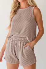 Smoke Gray Corded Sleeveless Top and Pocketed Shorts Set - Image 4