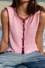 Pink Contrast Trim Buttoned Front Sweater Vest - Image 4