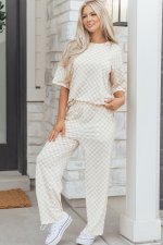 Khaki Checkered Print Half Sleeve Tee 2pcs Lounge Pant Set - Image 5