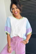 White Color Block Patchwork Half Sleeve Oversized T Shirt - Image 8