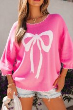 Sachet Pink Big Ribbon Bow Print Contrast Stitch Trim Drop Shoulder Sweater - Image 6