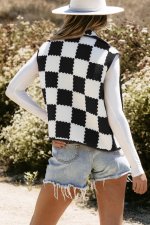 Black Checkered Sherpa Collared Jacket Vest - Image 2