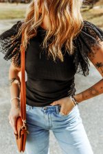 Black Dotty Mesh Ruffle Sleeve Ribbed Knit Top - Image 6