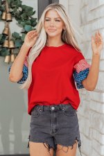 Fiery Red Stars Stripes Short Puff Sleeve Top - Image 4