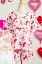 Red Romantic Bow Print Loose Tee Drawstring Shorts 2pcs Lounge Set - Image 6