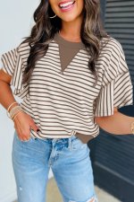 Parchment Contrast Detail Striped Ruffle Short Sleeve Top - Image 8
