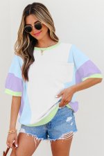 White Color Block Patchwork Half Sleeve Oversized T Shirt