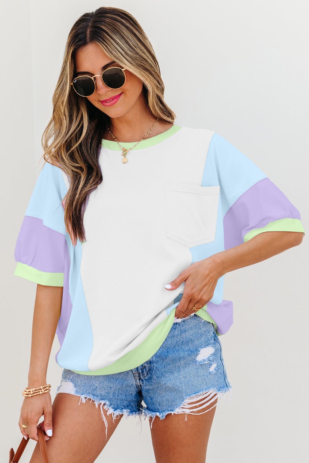 White Color Block Patchwork Half Sleeve Oversized T Shirt