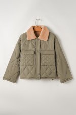 Jungle Green Teddy Collar Flap Pockets Quilted Puffer Jacket - Image 7