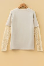 Jet Stream Solid Color Lace Patchwork Long Sleeve T Shirt - Image 5