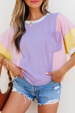 Purple Color Block Patchwork Half Sleeve Oversized T Shirt - Image 7
