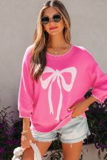 Sachet Pink Big Ribbon Bow Print Contrast Stitch Trim Drop Shoulder Sweater - Image 3