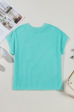 Light Blue Corded Knit Color Block Pocketed Crew Neck T Shirt - Image 8