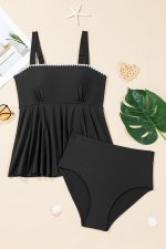 Black Spaghetti Straps Contrasted Ricrac Trim Flared Tankini 2pcs Swimsuit - Image 7