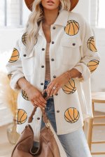 Beige Sequin Basketball Graphic Textured Snap Button Shacket - Image 4