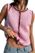 Pink Contrast Trim Buttoned Front Sweater Vest - Image 5