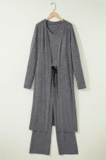 Dark Grey 3pcs V Neck T Shirt Ribbon Knot Pants Open Duster 3pcs Lounge Set - Image 4