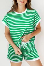 Dark Green Striped Cap Sleeve Tee and Shorts Set
