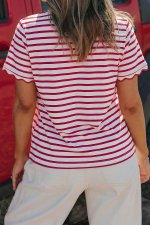 Red Stripe Scalloped Trim Round Neck T Shirt - Image 2