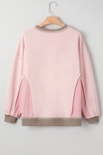 Light Pink Heart Bow Embroidered Exposed Seam Color Block Waffled Patchwork Sweatshirt - Image 3