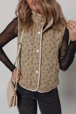 Khaki Floral Print Quilted Concealed Button Vest - Image 5