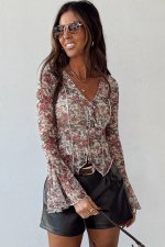 Red Floral Print Stitched Detail Tie V Neck Long Bell Sleeve Blouse - Image 4