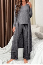 Dark Grey 3pcs V Neck T Shirt Ribbon Knot Pants Open Duster 3pcs Lounge Set - Image 3
