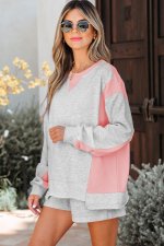 Light Grey Color Block Raw Hem Pullover and Casual Shorts Set - Image 3