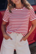 Red Stripe Scalloped Trim Round Neck T Shirt