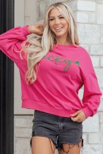 Rose Red Lucky Clover Embroidered Loose Pullover Sweatshirt - Image 3