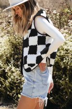 Black Checkered Sherpa Collared Jacket Vest - Image 3