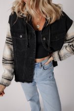 Black Plaid Sleeve Frayed Hem Hooded Denim Jacket - Image 5