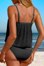 Black Striped Mesh Knotted Hem Tankini Swimsuit - Image 2