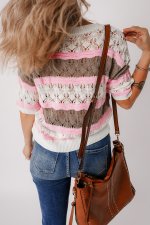Brown Stripe Color Block Hollow Out Crochet Half Sleeve Sweater - Image 2
