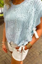 Beau Blue Pointelle Knit Patterned Scalloped Trim Short Sleeve Sweater - Image 5