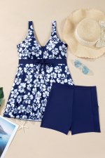 Blue Floral Print Patchwork Bow Knot Detail Sleeveless Swim Dress - Image 8