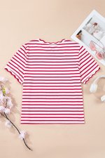 Red Stripe Scalloped Trim Round Neck T Shirt - Image 6