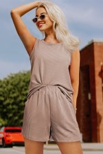 Smoke Gray Corded Sleeveless Top and Pocketed Shorts Set - Image 6